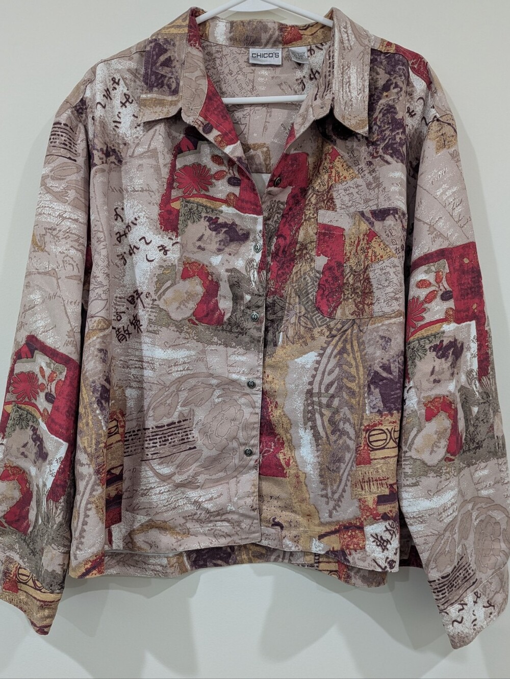 Chico's Mixed Print Button-Front Shacket in Beige, Red and Tan